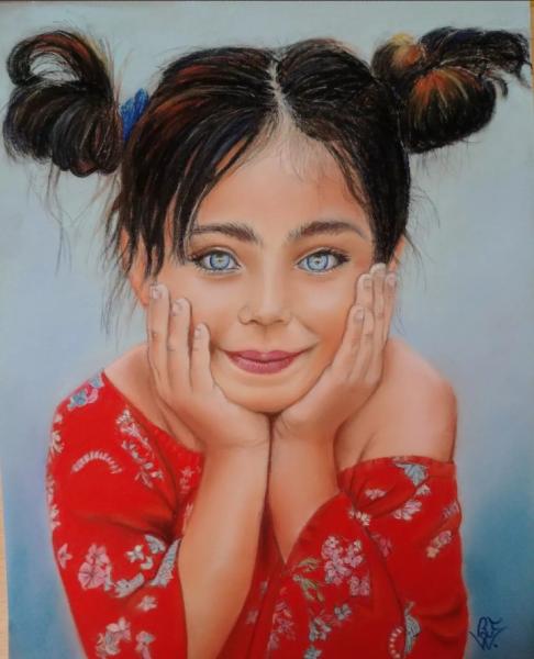 Yeux bleus et couettes    Pastel sec sur papier 30 X 40